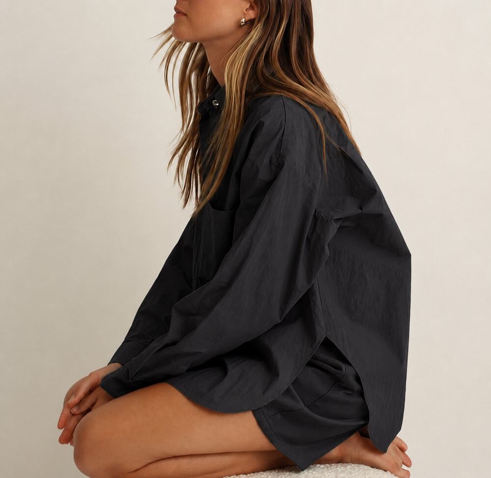 Almina Concept Oversized Button Up Shirt Top Nylon Black Size Small